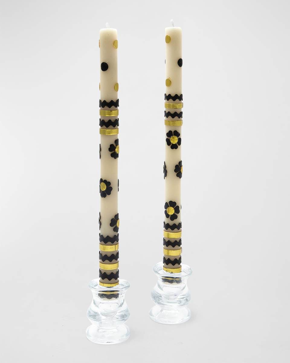 Mod Flower Dinner Candles in Black/Gold Rick Rack, Set of 2